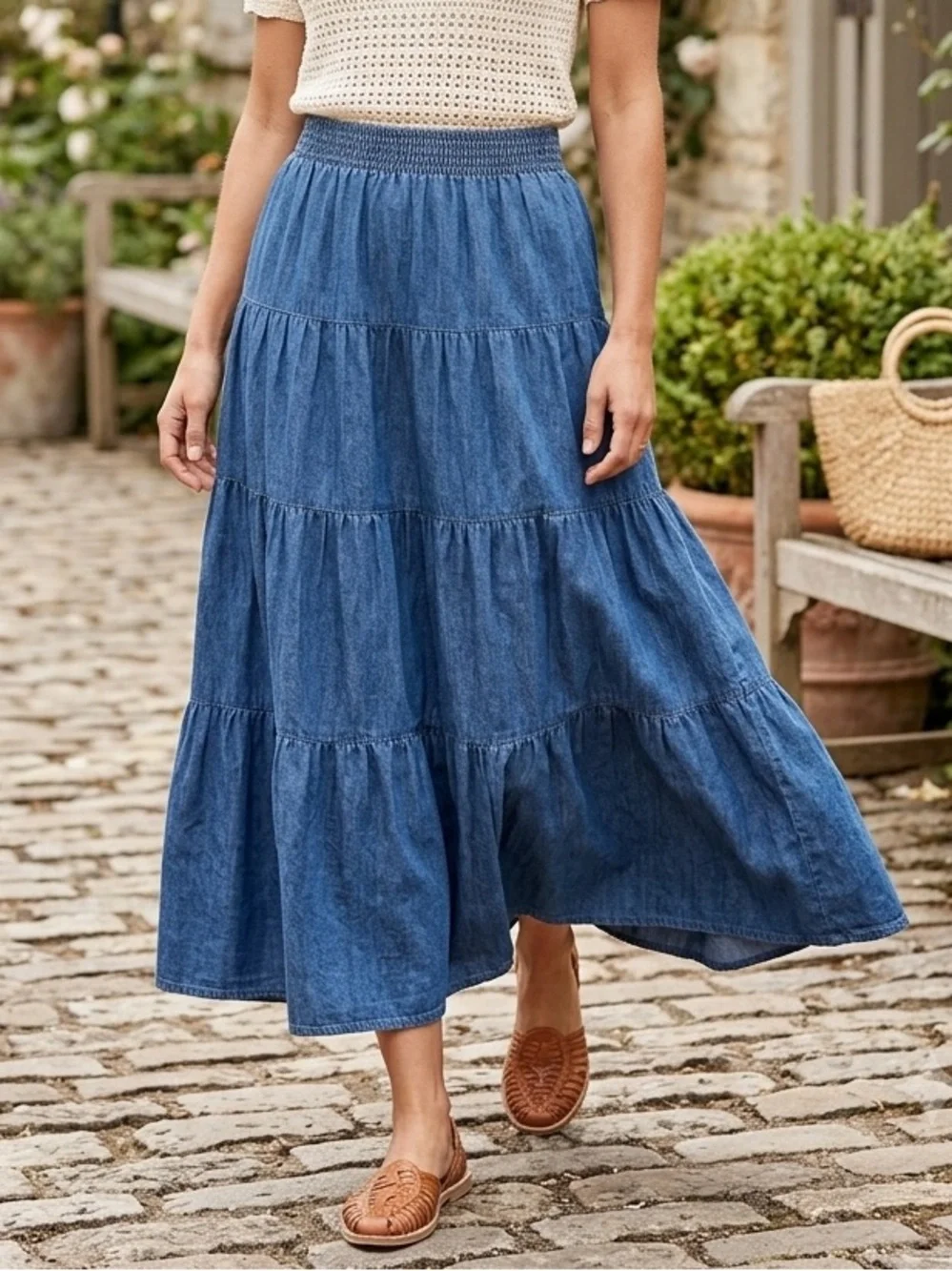 Willowbend Vintage Cotton Elastic-Waist Tiered Denim Maxi Skirt, Size Medium